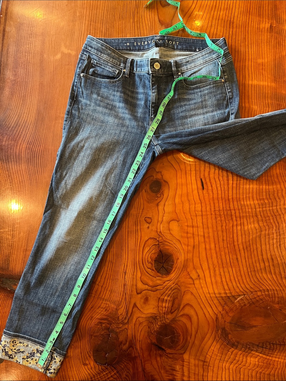 White House Black Market Dark Blue Cropped Jeans with Cuffed Floral Trim - Picture 2 of 3